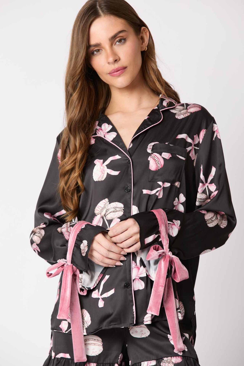 Coordinated Pajama Set Bow Cuffs