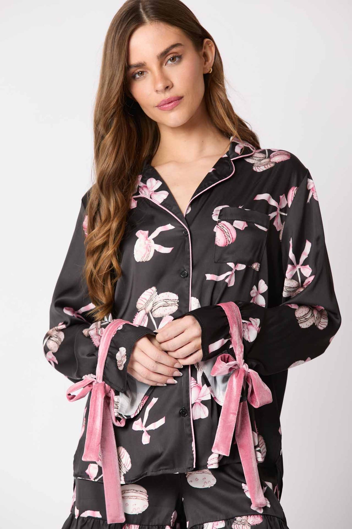 Coordinated Pajama Set Bow Cuffs