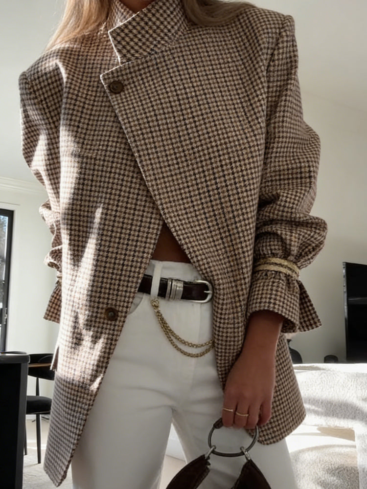 Blazer with Plaid, Stand Collar and Relaxed Fit