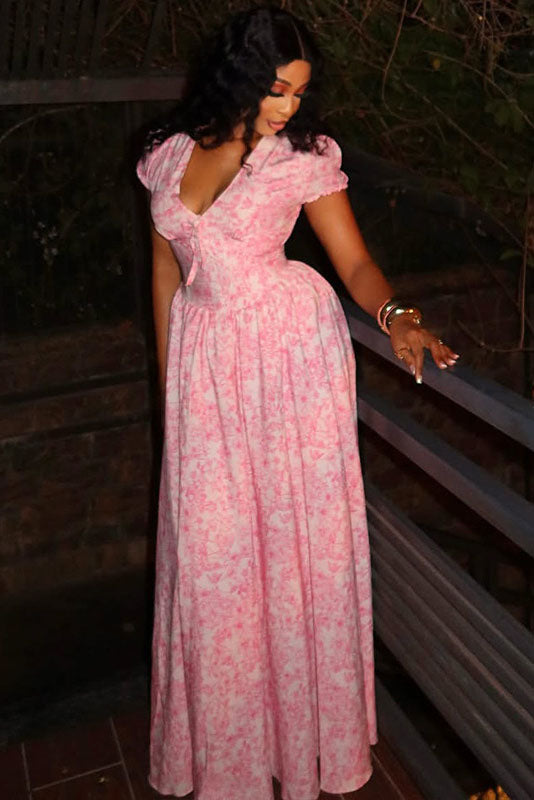 Retro Flower Print Puff Sleeve Gown