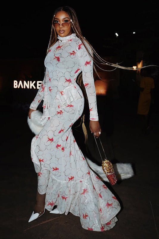 Koi Fish Print High-Neck Maxi-Length Dress