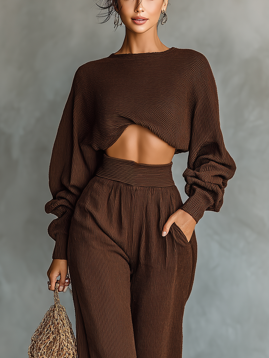 Women's Coffee-colored Short Top And Wide-Leg Trousers Knitted Set