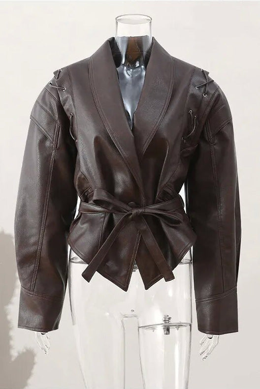 Modern Street-Style High-Gloss Lace-up Leather Jacket