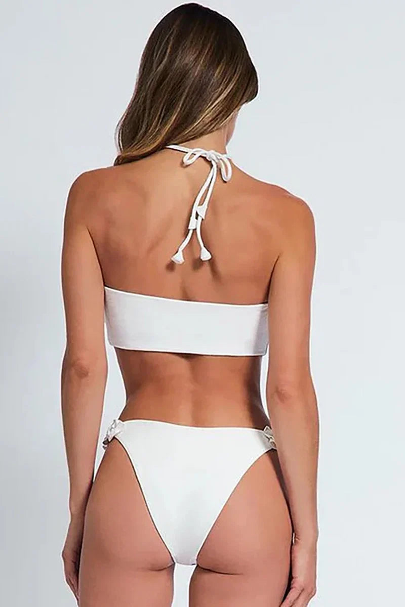 Halter Solid Flower Embellished Swimsuit