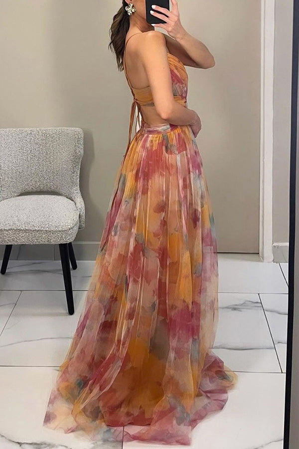 Painted Flower Print V-Neck A-Line Maxi-Length Dress