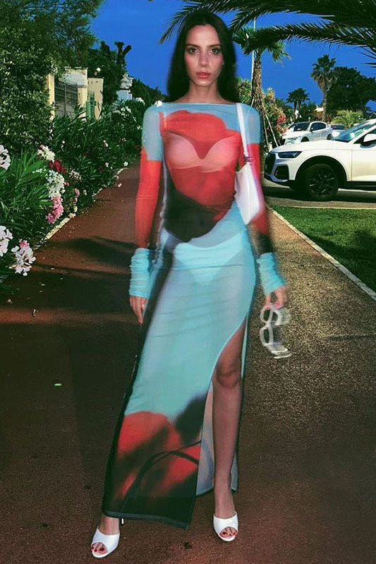 Abstract Print Sheer Maxi-Length Dress