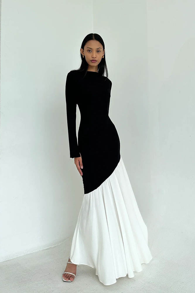 Fashionable Colorblock Waist-Cinching Fitted Midi-Length Dress