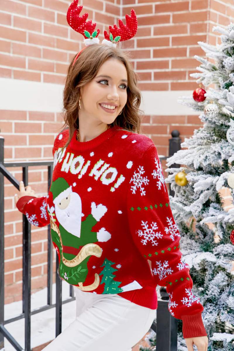 Crew Neck Relaxed Embroidered Santa Knit Sweater