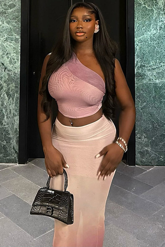 Coordinated Gradient One-Shoulder Sheer Skirt Set