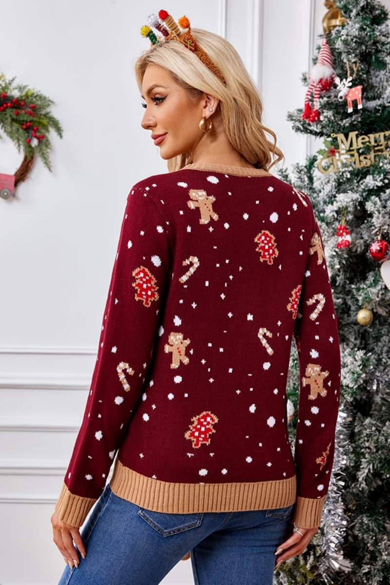 Relaxed Crew Neck Embroidered Knit Sweater - Gingerbread Man