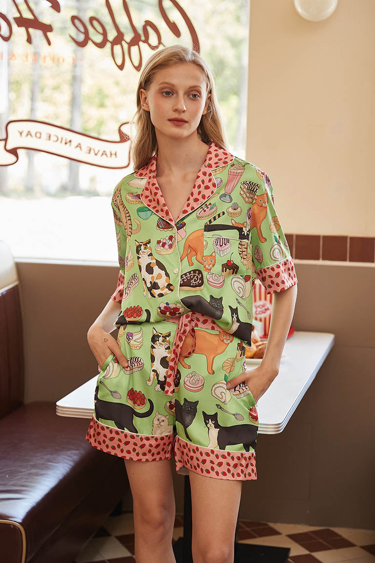 Coordinated Coffee Cat Shorts Pajama Set