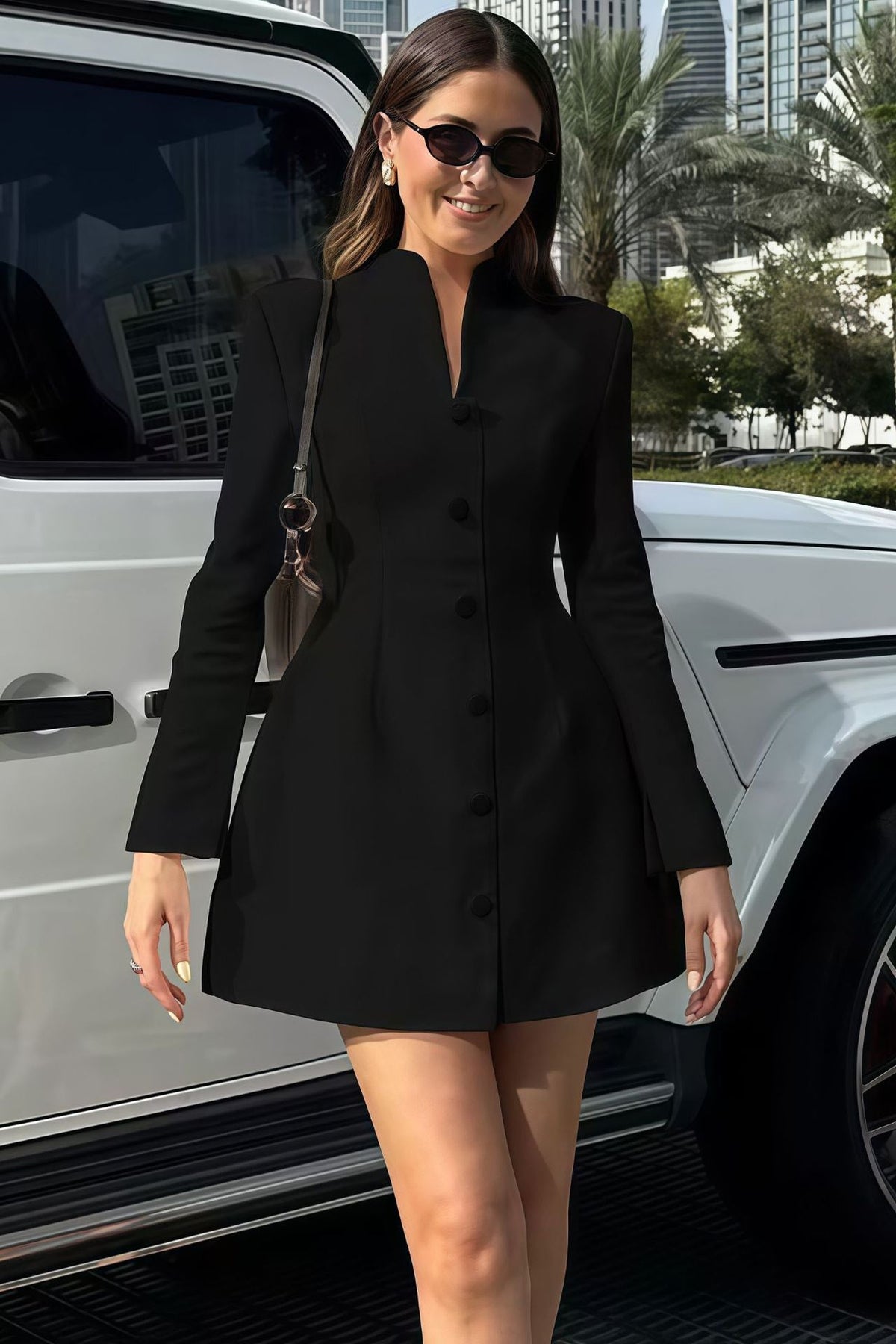 Urban Stylish V-Neck Blazer Mini-Length Dress
