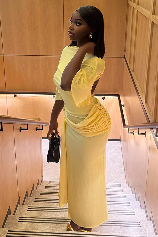 Open-Back Ruched Slit Maxi-Length Dress