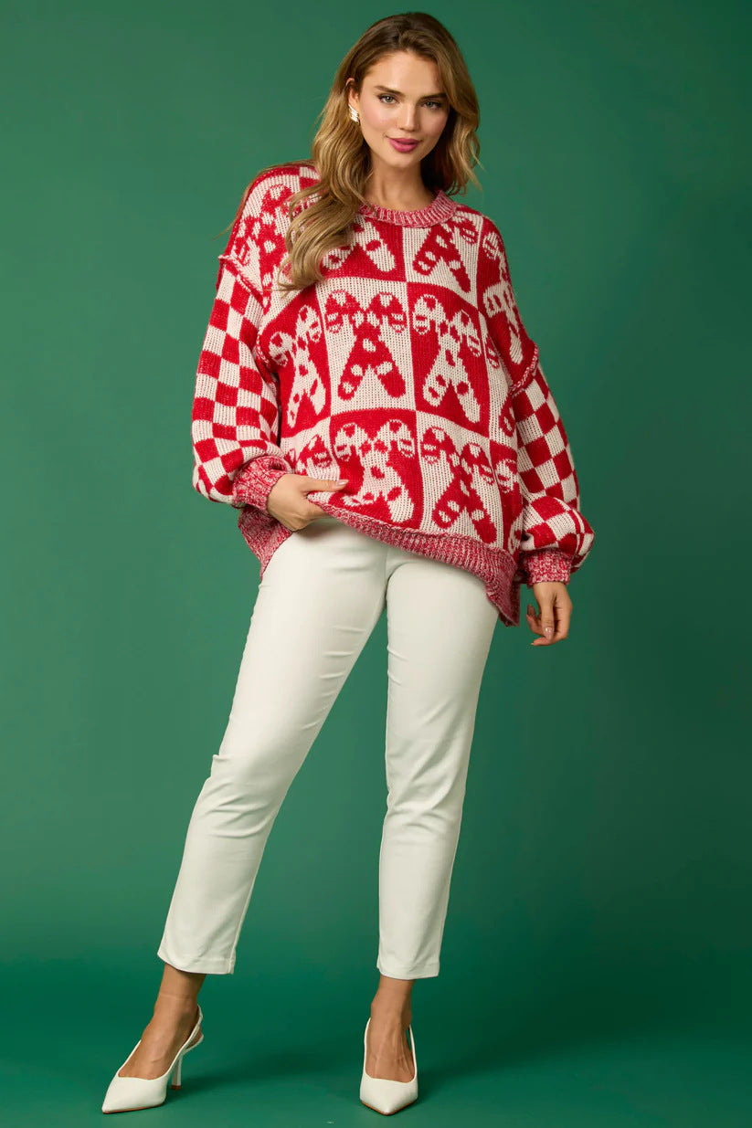 Modern Candy Cane Christmas Needles & Gingerbread Man Knit Sweater
