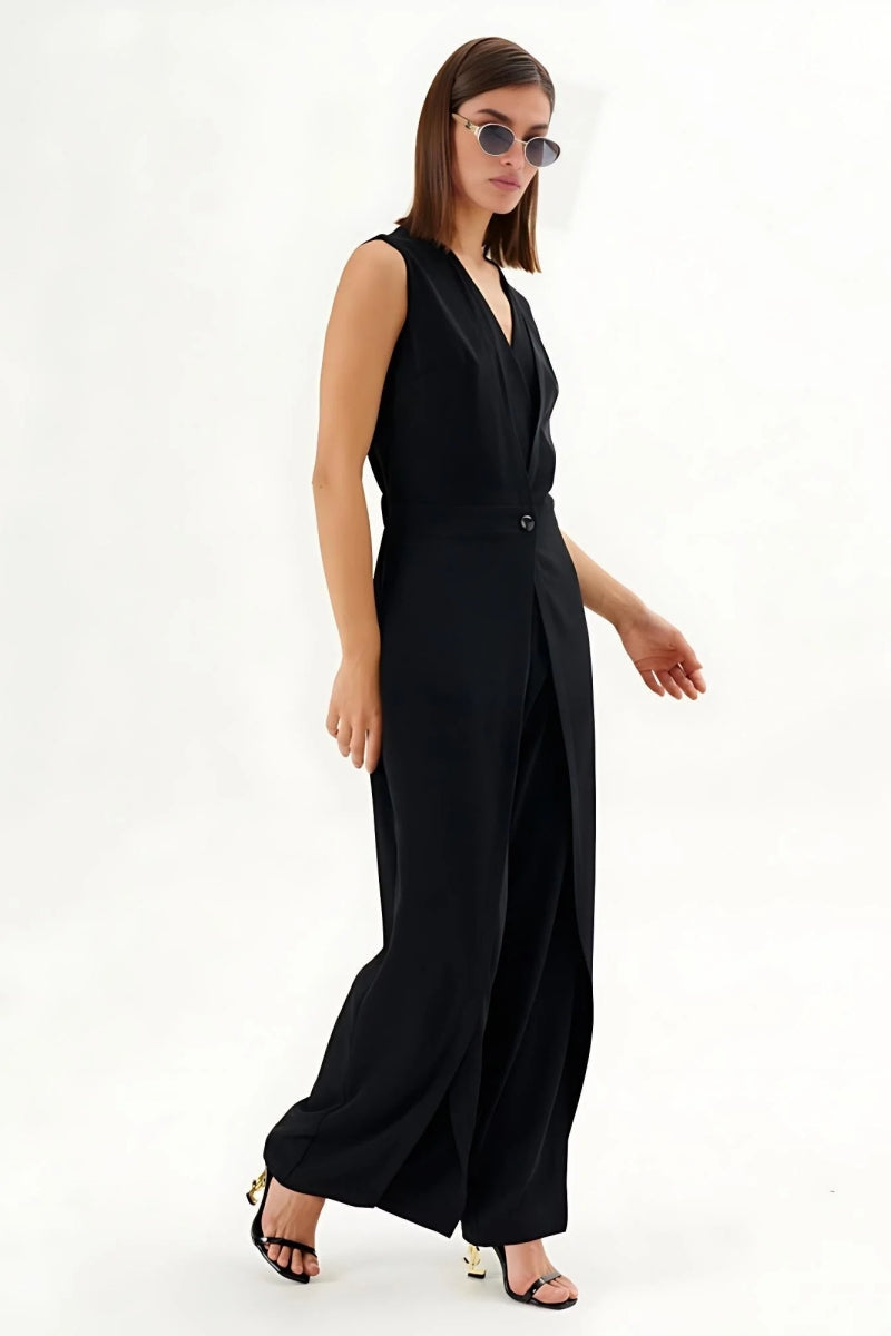 Modern Black Sleeveless Wrap-Effect Wide-Leg Jumpsuit