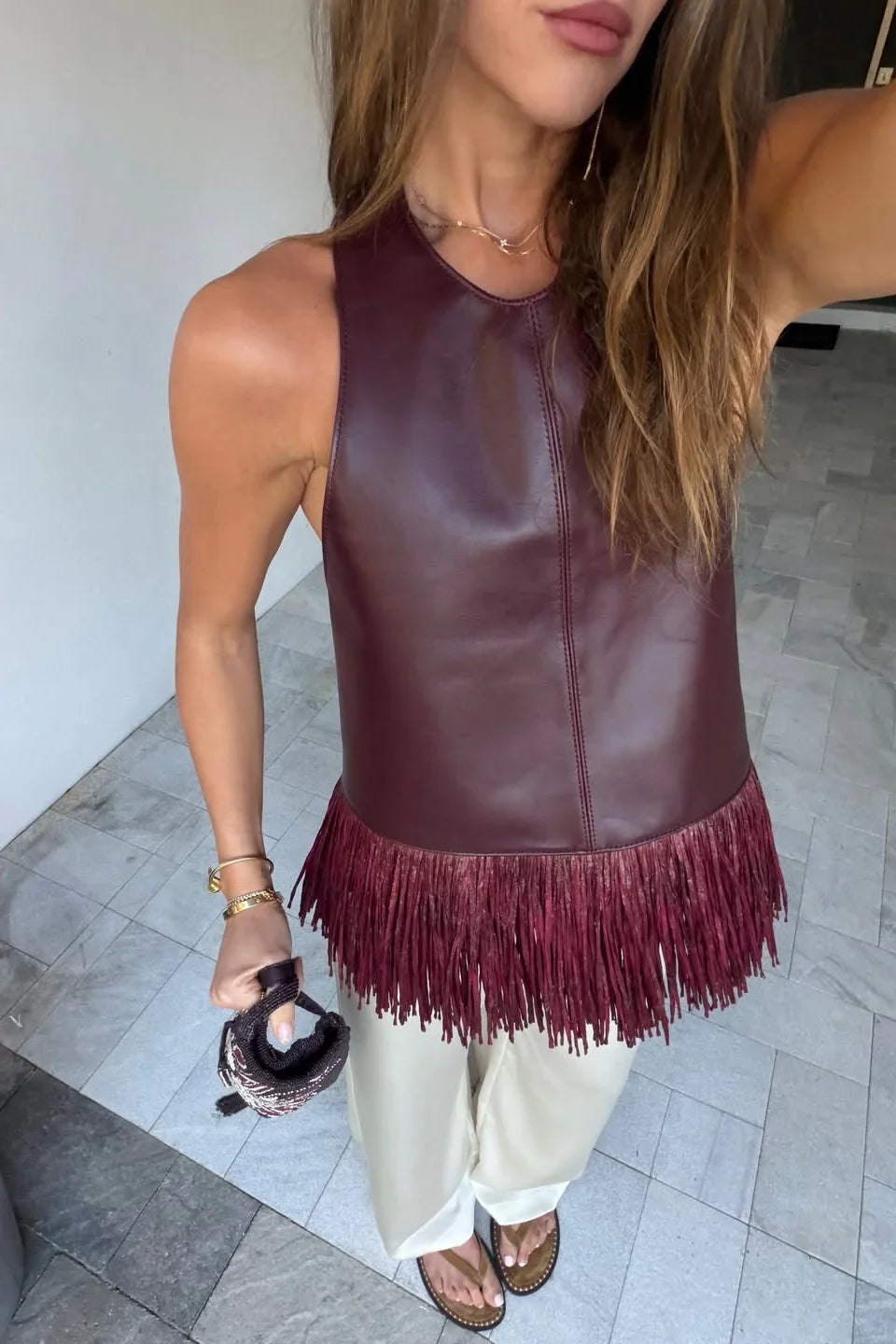 Modern Burgundy Leather Halter Fringe Top
