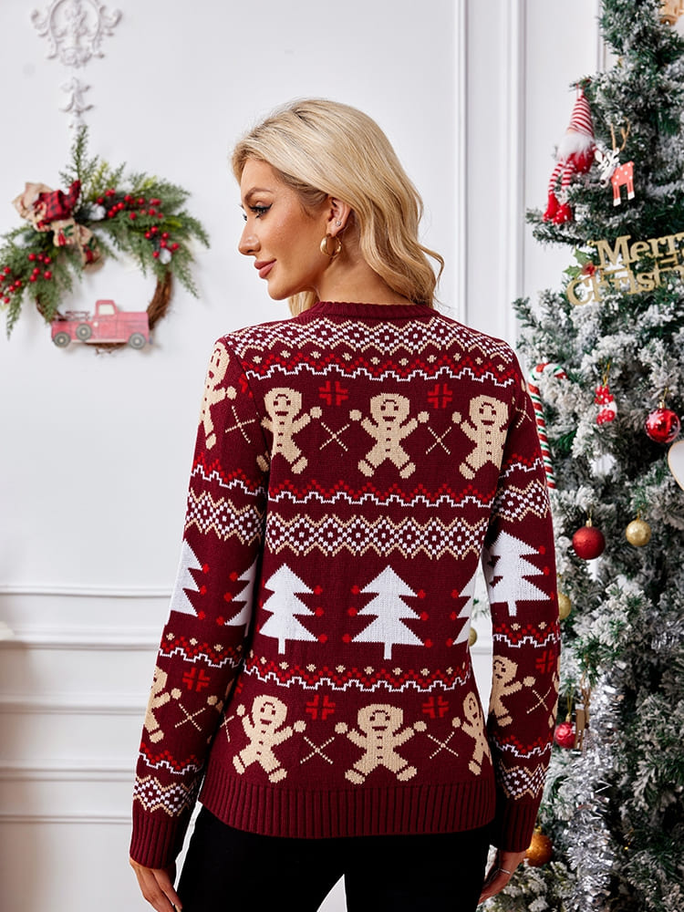Relaxed Crew Neck Embroidered Knit Sweater - Gingerbread Man