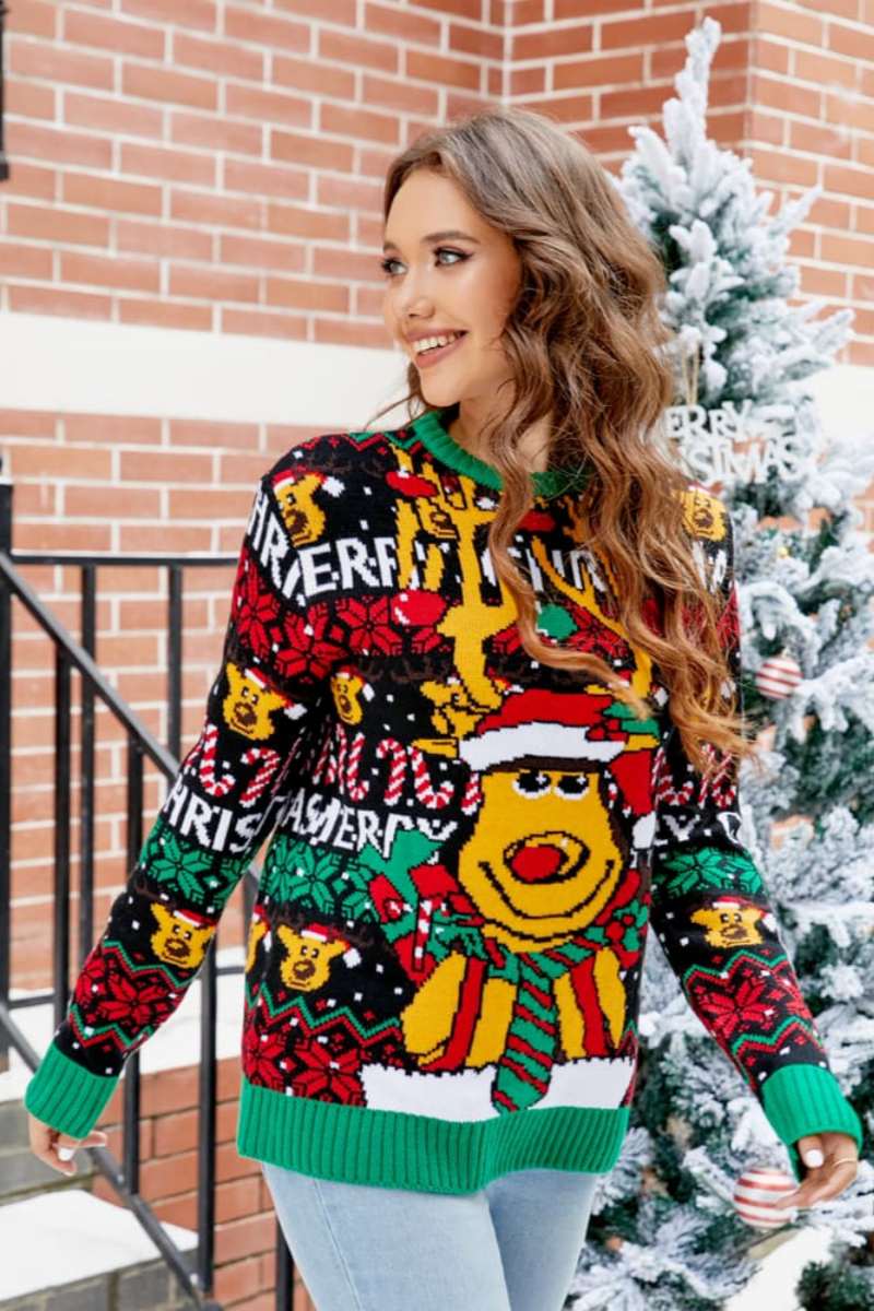 Modern Christmas Cartoon Reindeer Knit Sweater