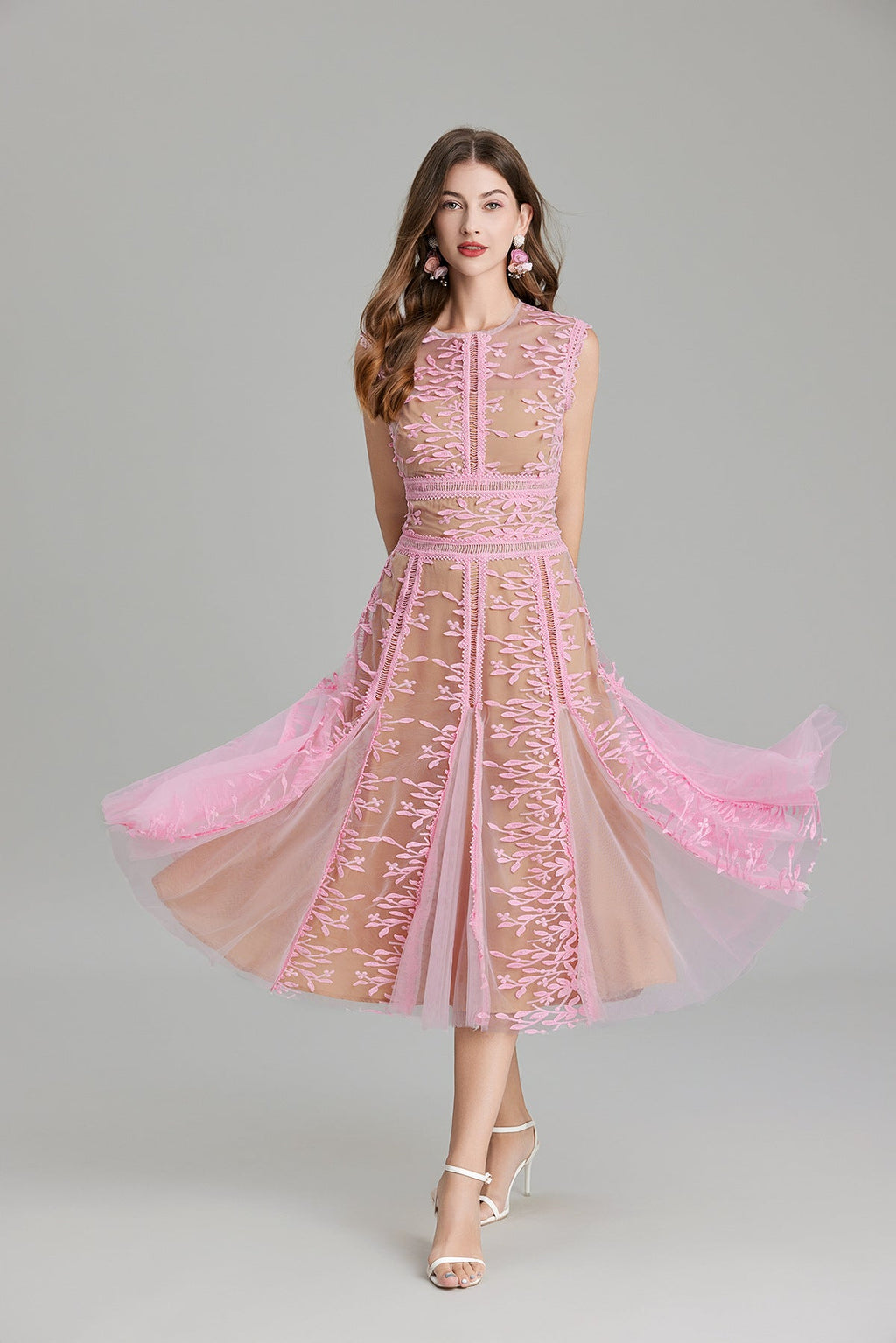 Maelle Crew Neck Mesh Embroidered Midi-Length Dress In Beige