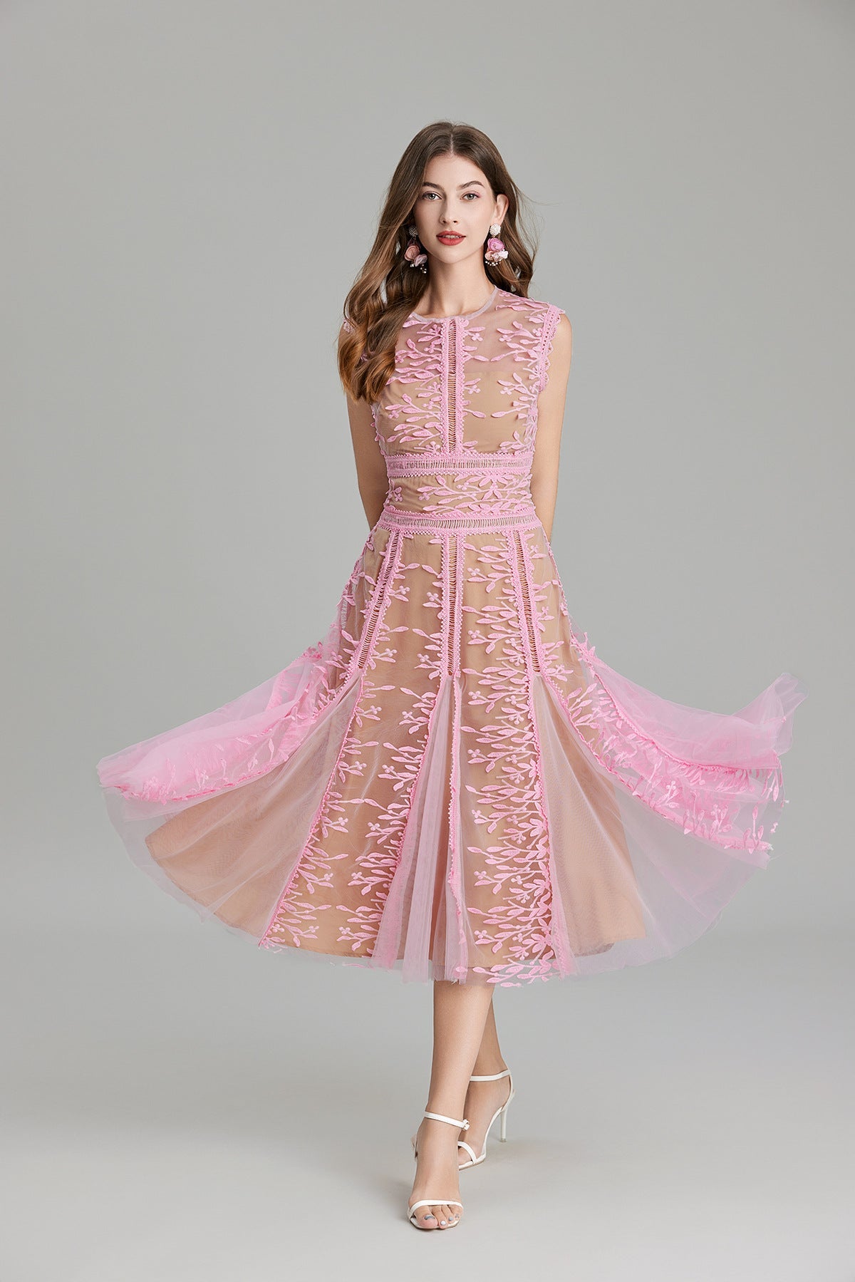 Maelle Crew Neck Mesh Embroidered Midi-Length Dress In Beige