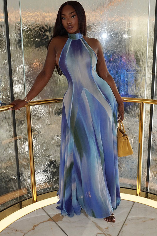 Sky Blue Gradient Halter Open-Back Maxi-Length Dress