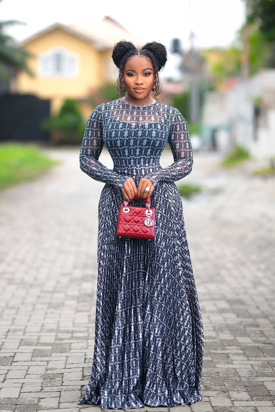 Gradient Chain-Pattern Sheer Mesh Fitted Maxi-Length Dress