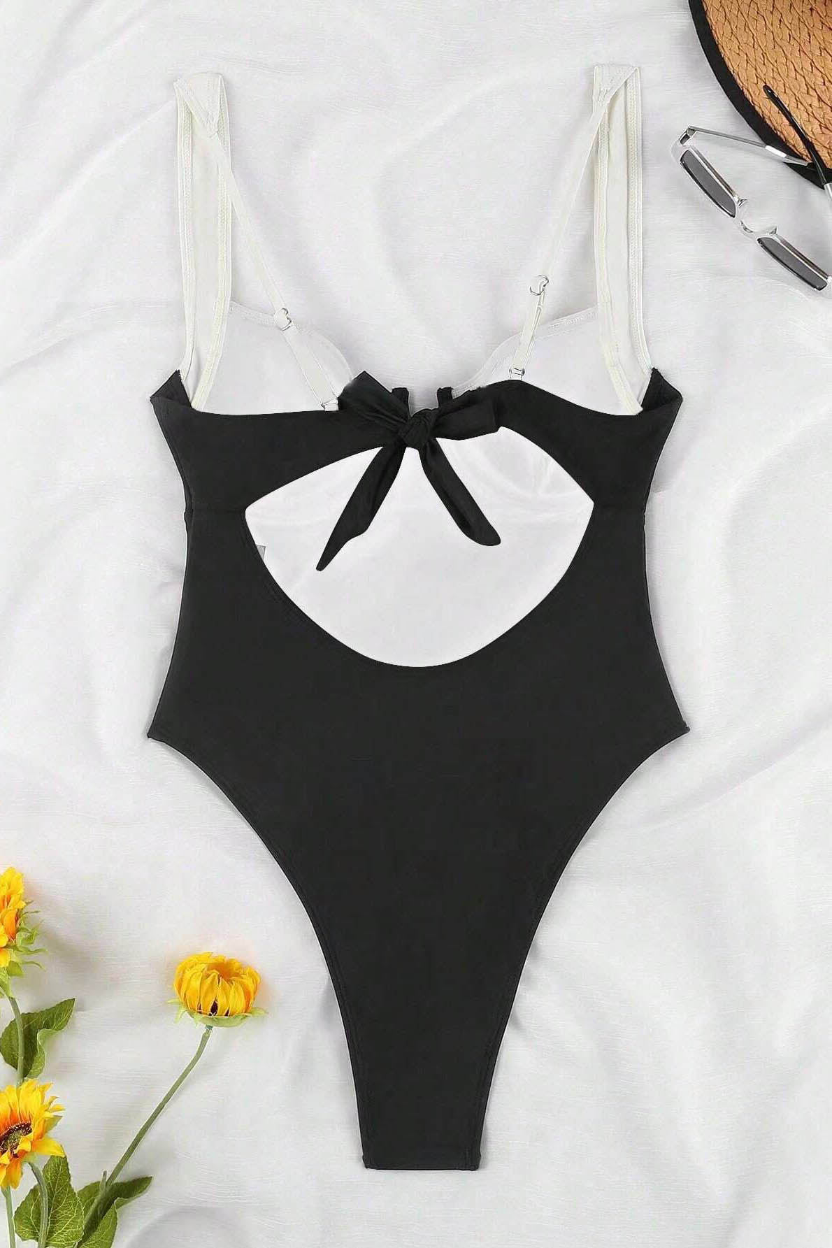 Black And White Patchwork U-Neck One-Piece Swimwear