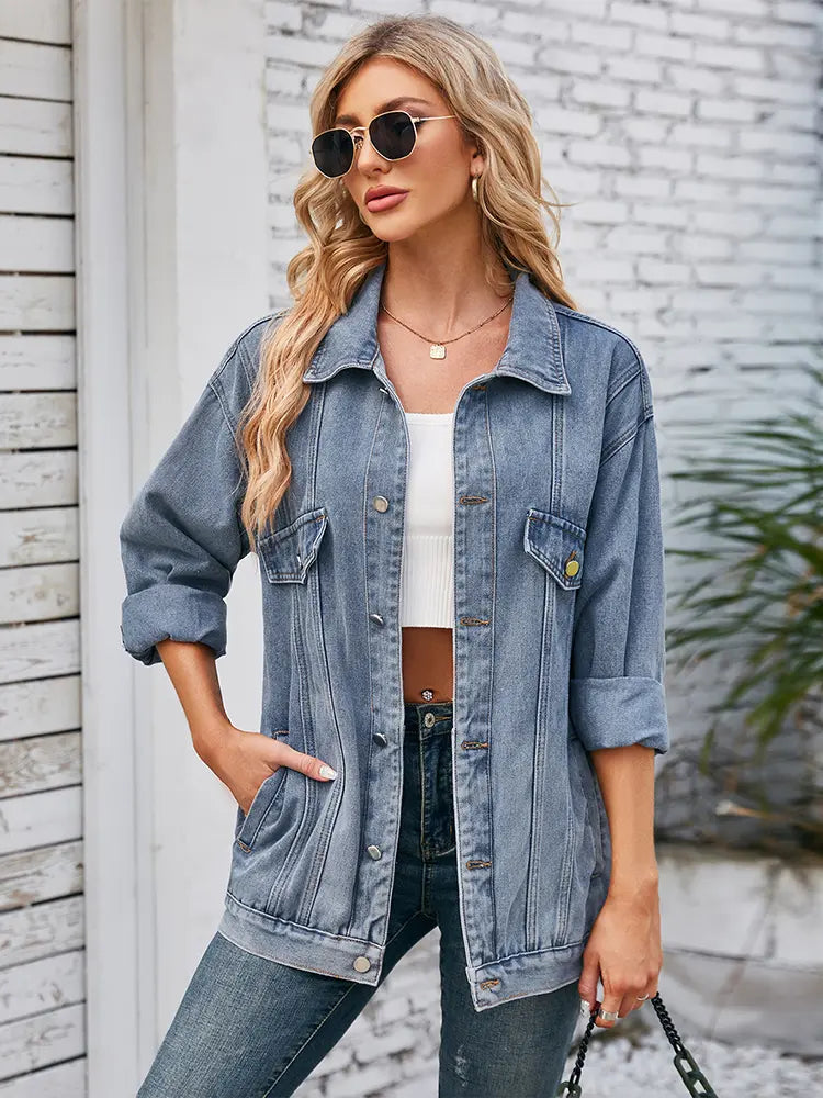 Oversized Denim Jacket with Button Closure and Long Sleeves