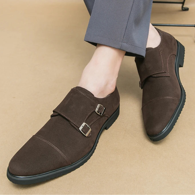 Suede Monk Strap Shoes with Double Buckle Strap