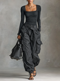 Women's Square Neck Long Sleeve T-Shirt Multi-Pocket Cargo Trousers Two-Piece Set