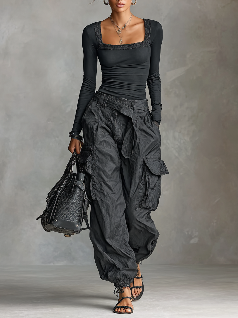 Women's Square Neck Long Sleeve T-Shirt Multi-Pocket Cargo Trousers Two-Piece Set