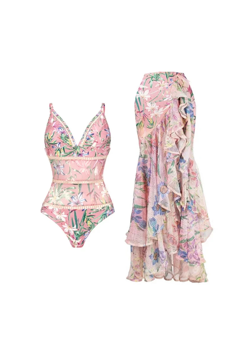 Mesh Patchwork Patterned Swimwear Set