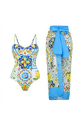 Lemon Print Open-Back One Piece Swimwear Set