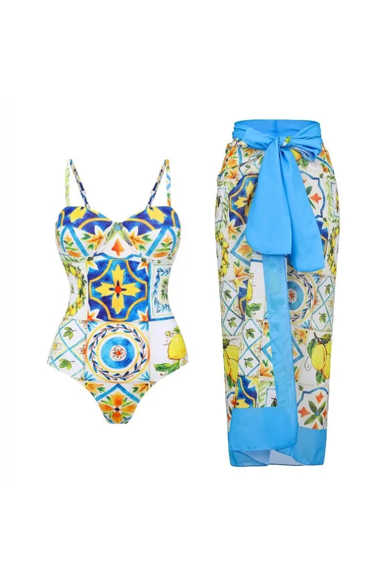 Lemon Print Open-Back One Piece Swimwear Set