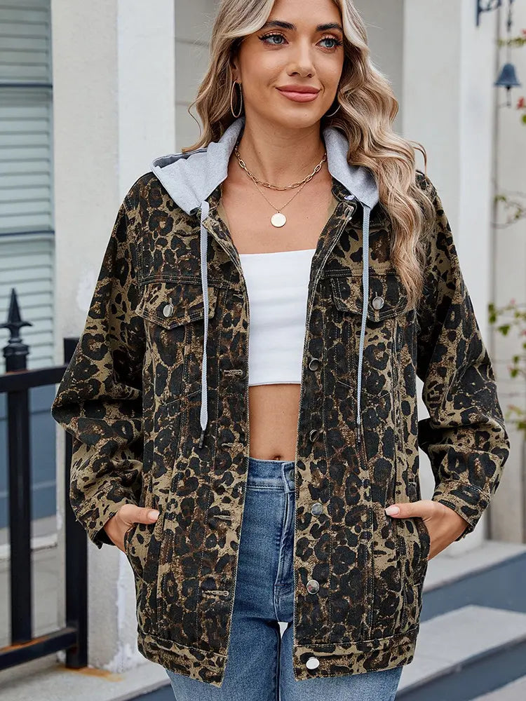 Denim Jacket with Hood, Button Closure and Relaxed Fit