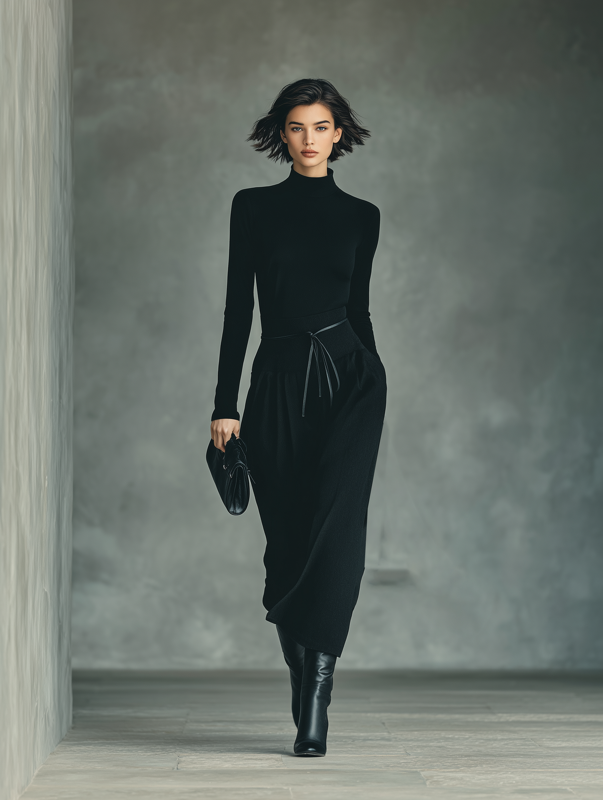 Coordinated Women's Black High-Stretch Knit Top And Cotton-Blended Skirt Set