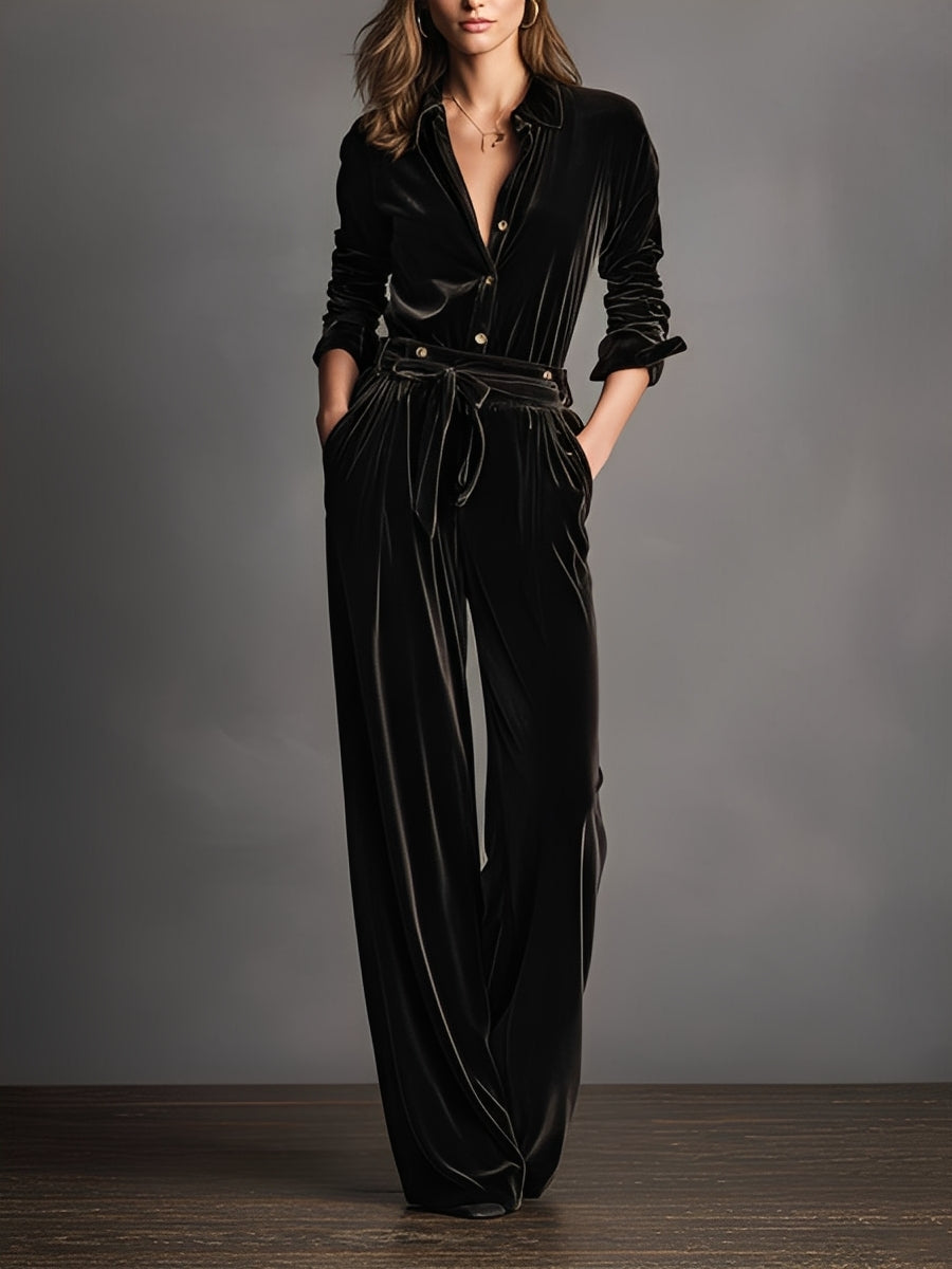 Women's Black Velvet Lace-up Refined Gold Button Jumpsuit