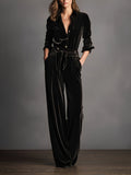 Women's Black Velvet Lace-up Refined Gold Button Jumpsuit