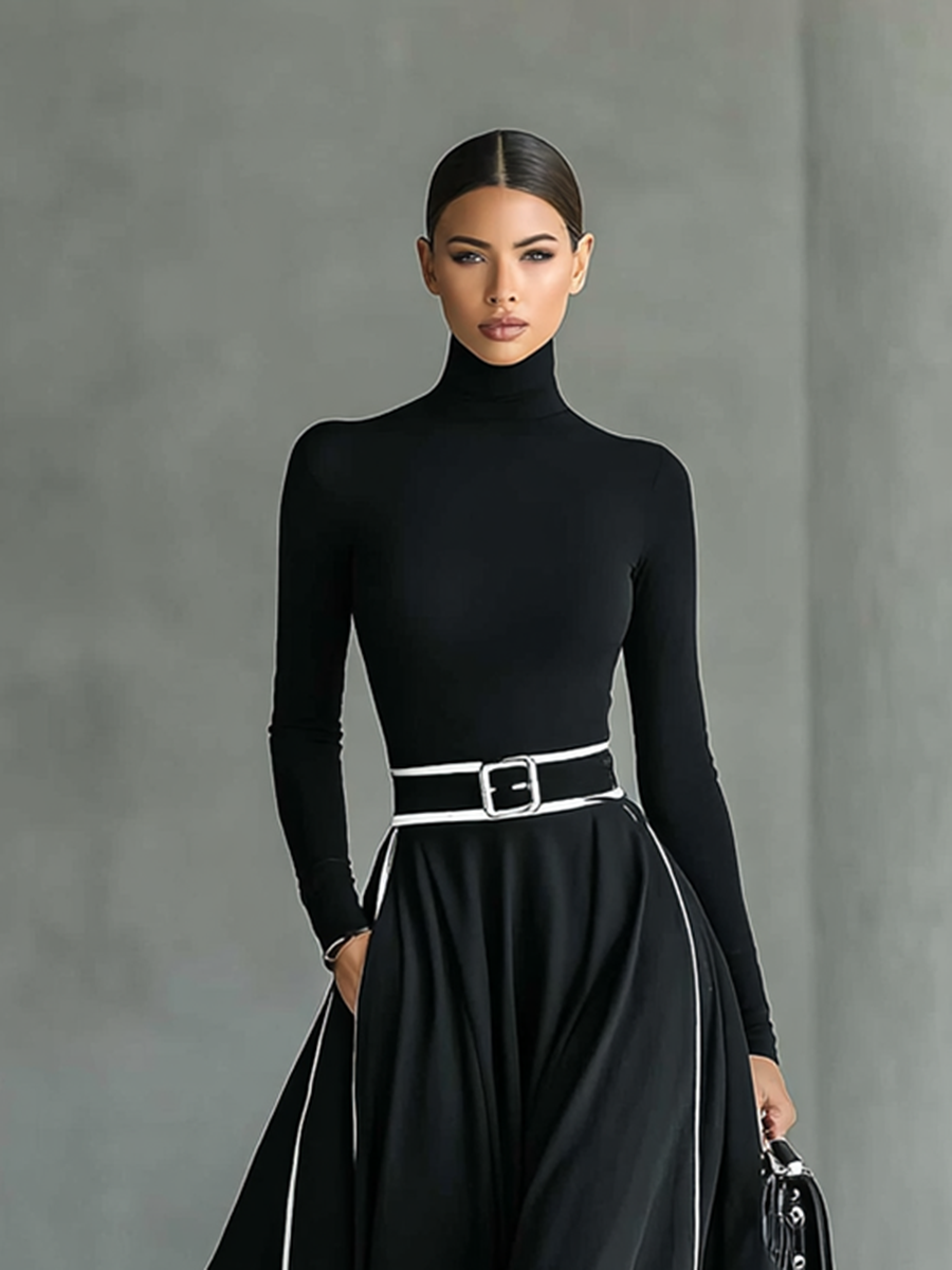 Women's Black Stitching White Trim High Collar Long Sleeve Tight Belt Maxi-Length Dress