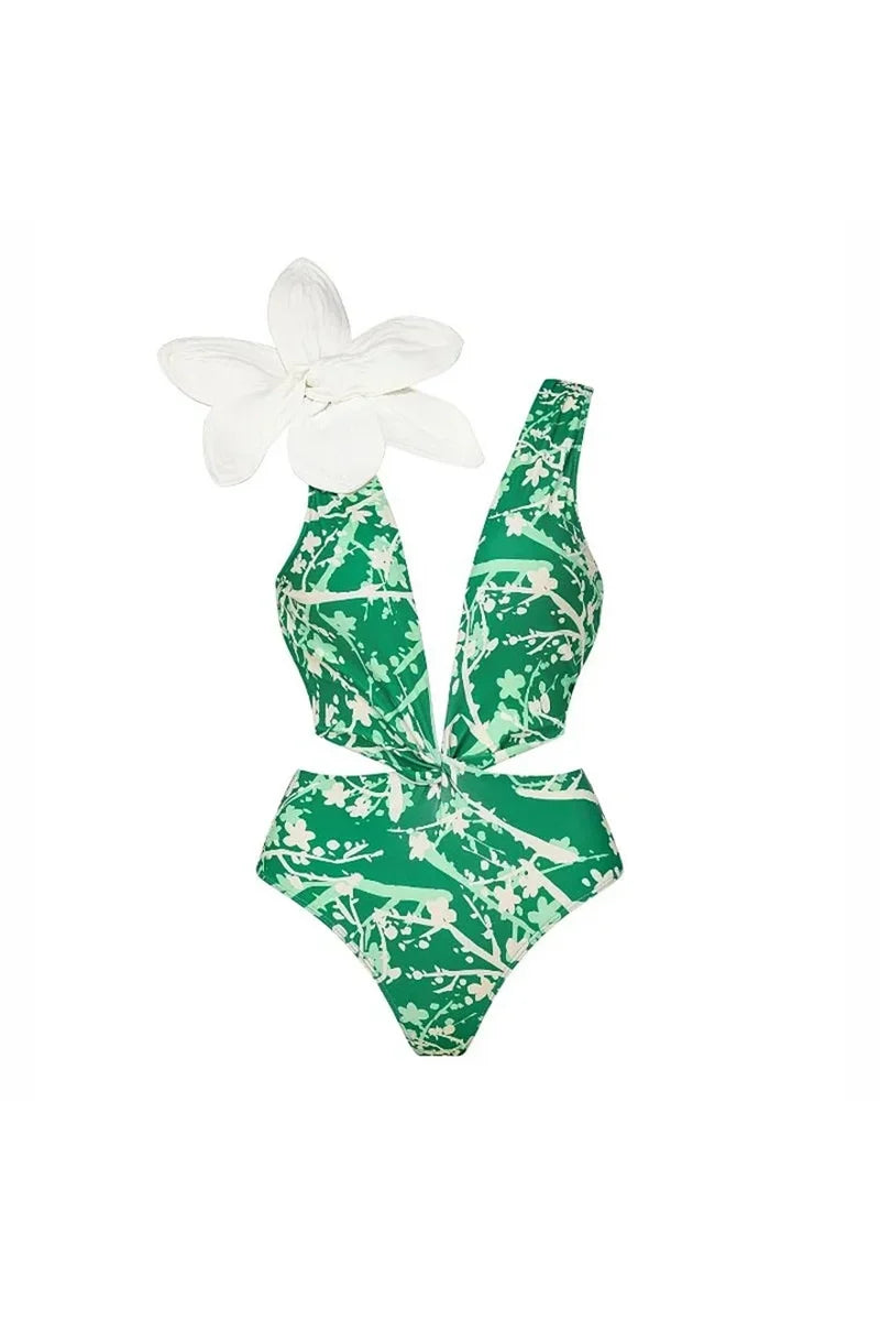Flower Applique Green Patterned One-Piece Swimwear