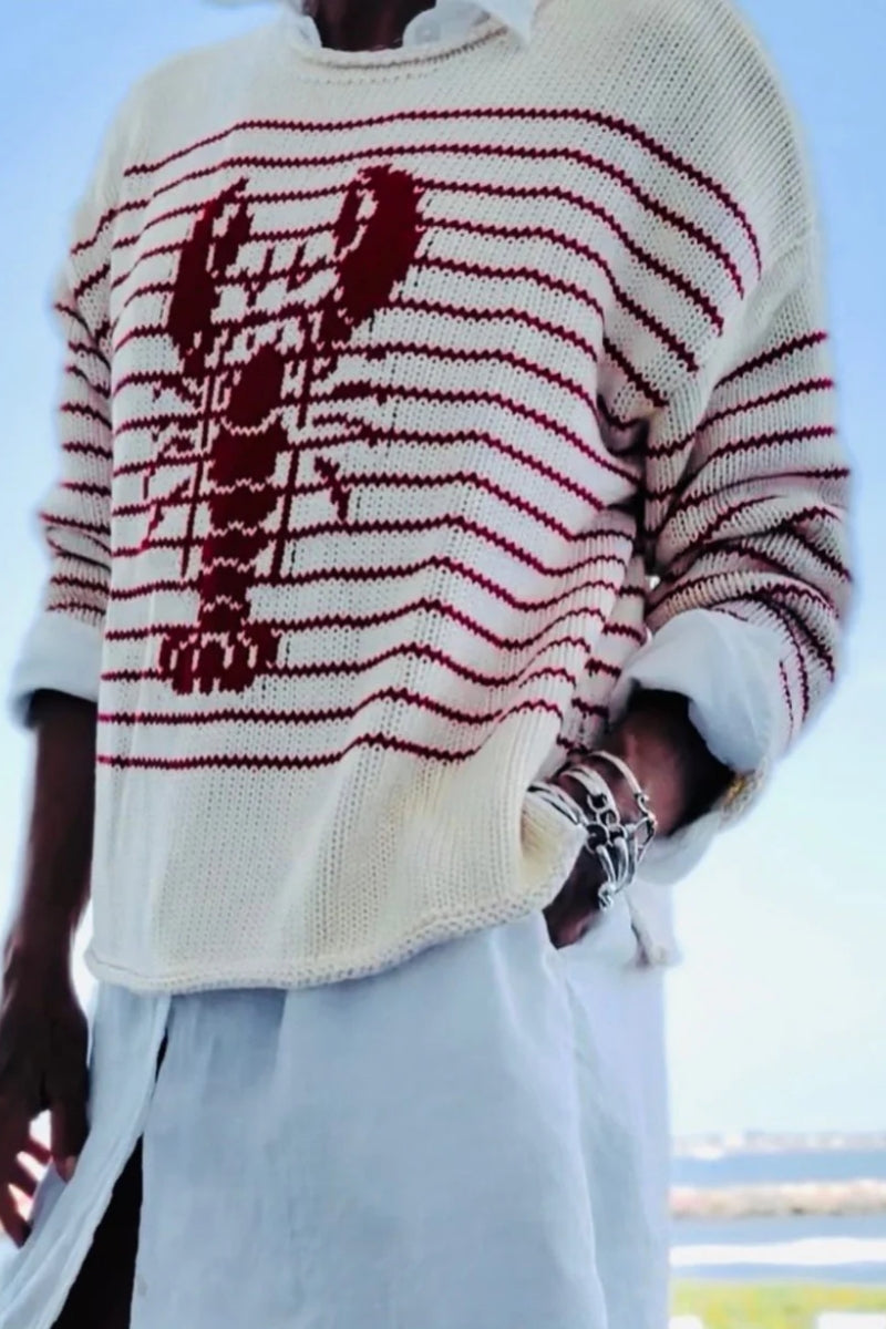Cream & Red Striped Lobster Graphic Knit Sweater