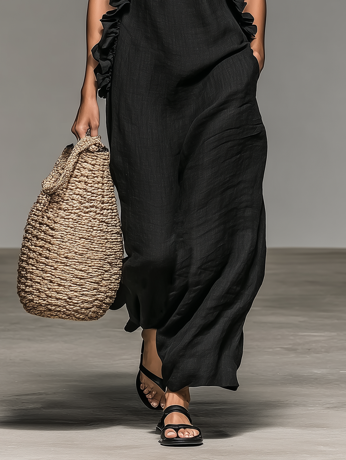 Linen Sleeveless Ruffled Maxi-Length Dress