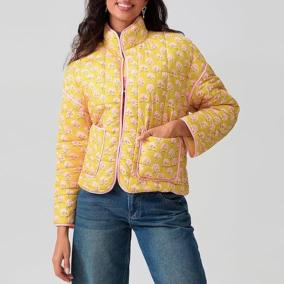 Jacket with Floral Print, Patchwork and Stand Collar