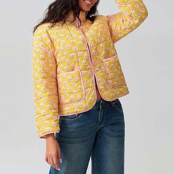 Jacket with Floral Print, Patchwork and Stand Collar