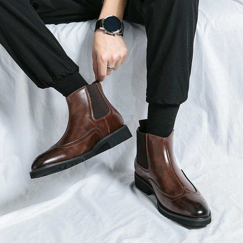 Leather Chelsea Boots with Brogue Detailing and Shock-Absorbing Sole