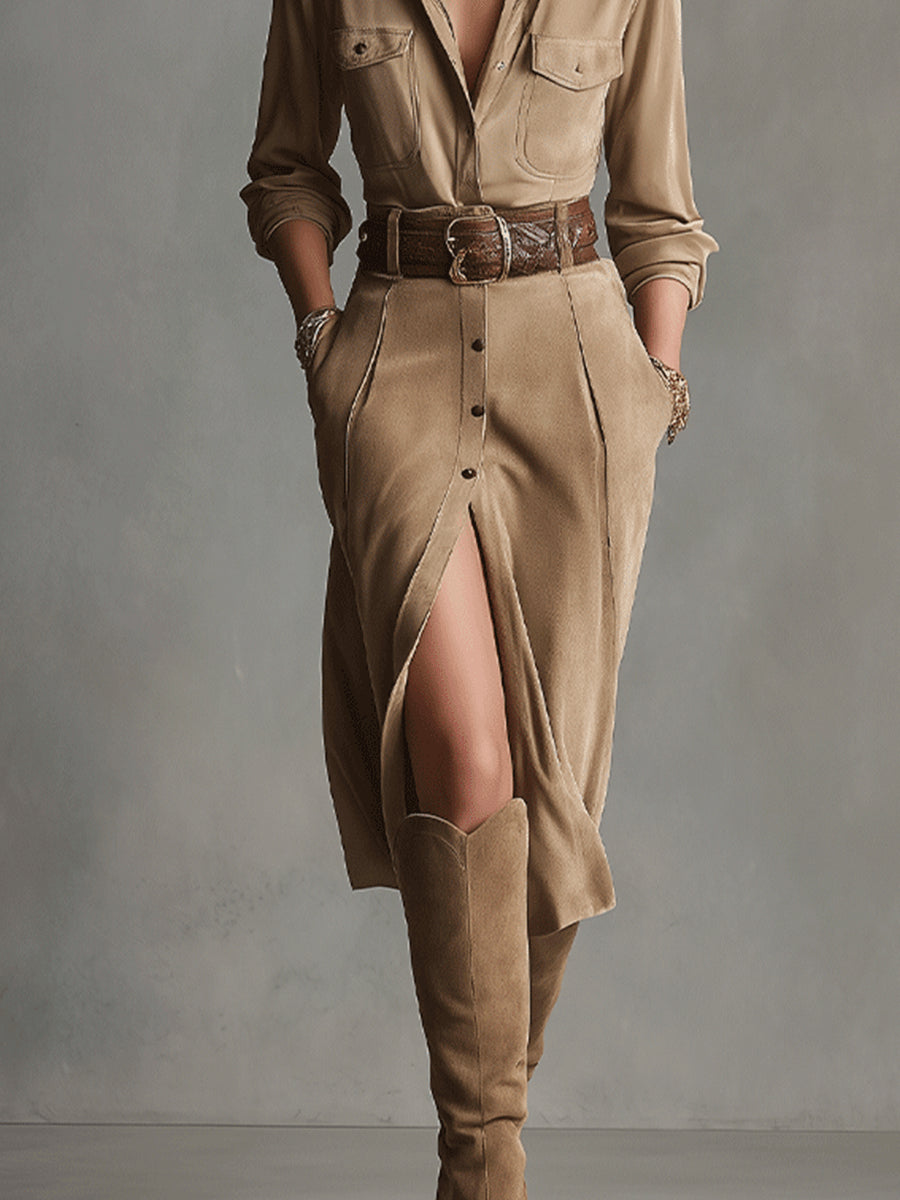 Women's Brown Fashion Suede Midi-Length Dress