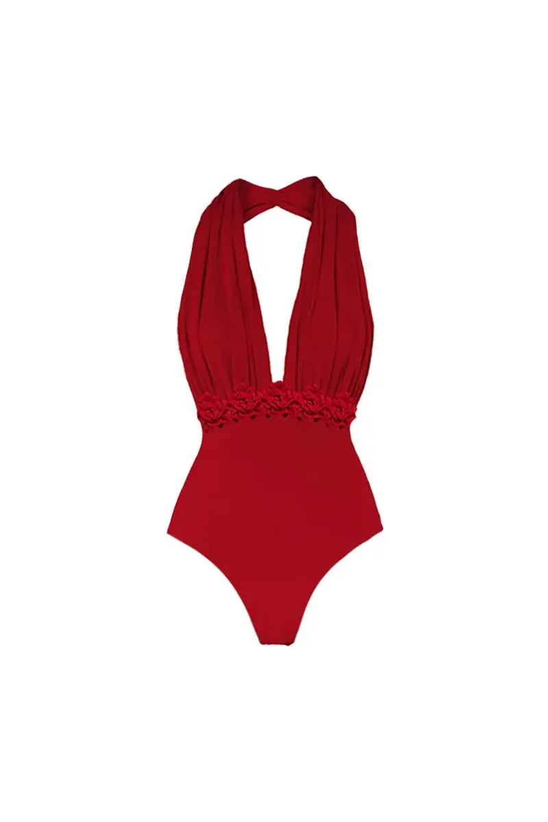Deep V Halter Solid One Piece Swimwear Set