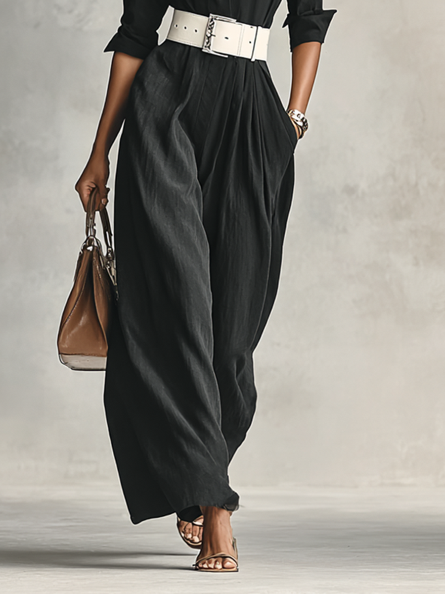 Modern Women's Lapel Single Breasted Long Sleeve Belted Jumpsuit