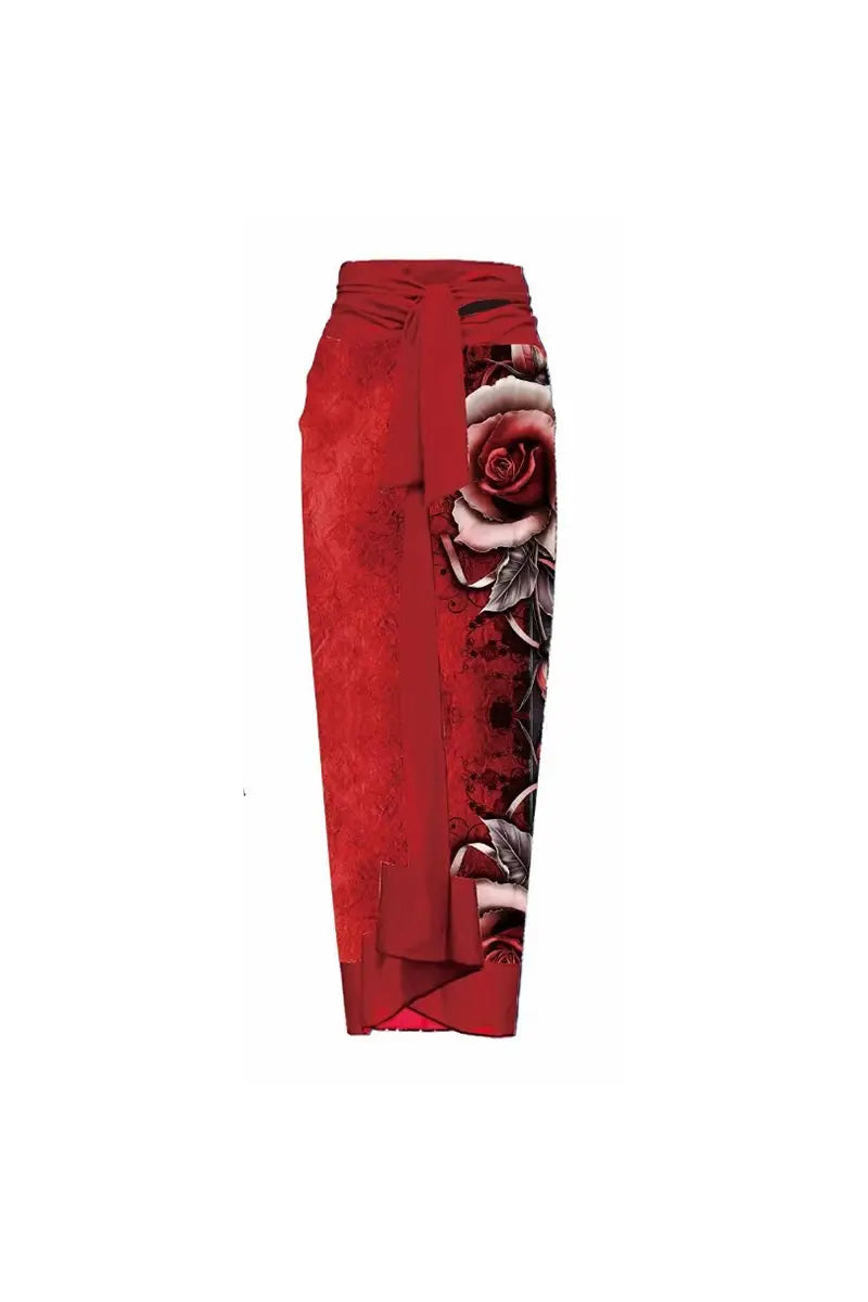 3D Red Flower Bust Accent Patterned Swimsuit