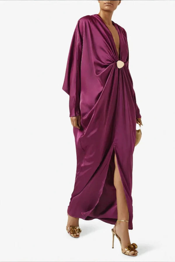 Magenta Satin Neck Maxi-Length Dress in Satin
